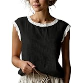 Women Lace Trim Crew Neck Cap Sleeve Loose Fit Casual Blouse | Lace Trim, Curved Hem and Soft Fabric with Jeans, Pants or Skirts for Summer, Office, Daily, Weekend and Going Out
