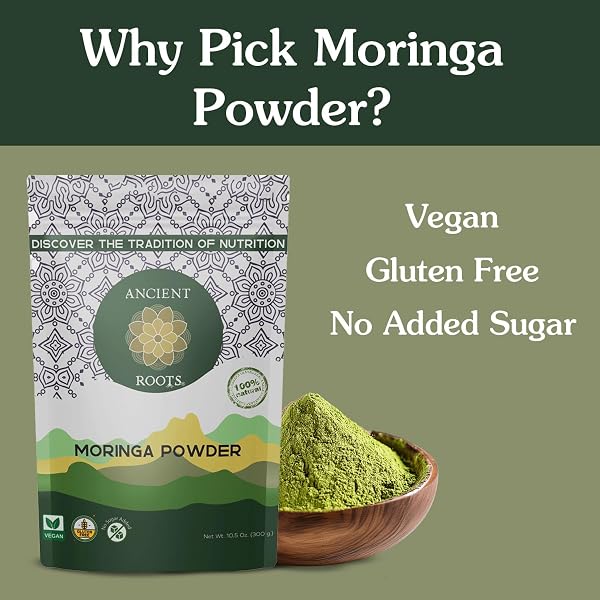 ANCIENT ROOTS MORINGA POWDER 100% PURE & NATURAL, NON-GMO, GLUTEN-FREE FINELY GROUND MORINGA LEAF FOR SMOOTHIES, TEAS, AND RECIPES 10.5 OZ RESEALABLE BAG