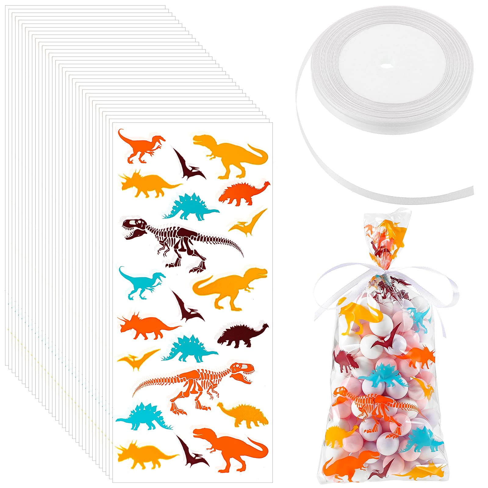 Photo 1 of 100 Pieces Dinosaur Cellophane Bags Clear Dinosaur Skeleton Party Favors Bags with a Roll of White Ribbon for Chocolate Candy Snacks Cookies Themed Party Supplies