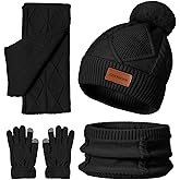 Winter 4-in-1 Gift Set with Pom Pom Beanie Hat, Fleece Lined Headband, Knit Scarf, Touchscreen Gloves for Cold Weather
