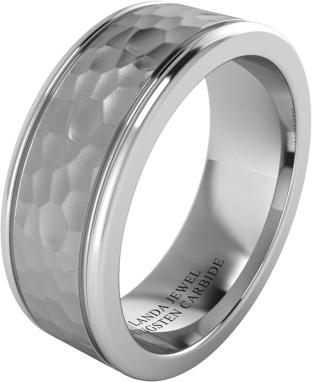 Super Heavy Tungsten Carbide 8mm Comfort Fit Hammered Wedding Band Mens Ring Dual Grooves Matt Multi-faceted Center Polished Sides