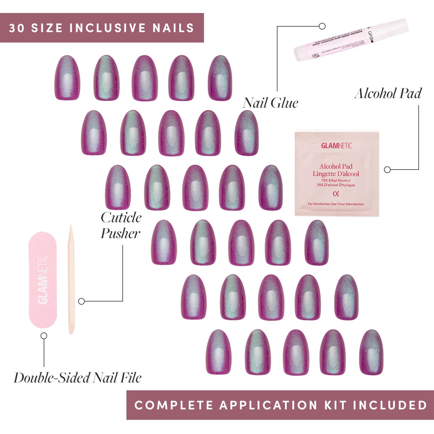 Glamnetic Press On Nails - Berry Fizz | Short Oval, Magenta Nails with a Mesmerizing Metallic Finish | 15 Sizes - 30 Nail Kit with Glue - Image 4