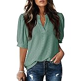 Dokotoo Womens Summer Business Casual Blouses V Neck Short Sleeve Shirts Hollow Out Cute Lace Tops