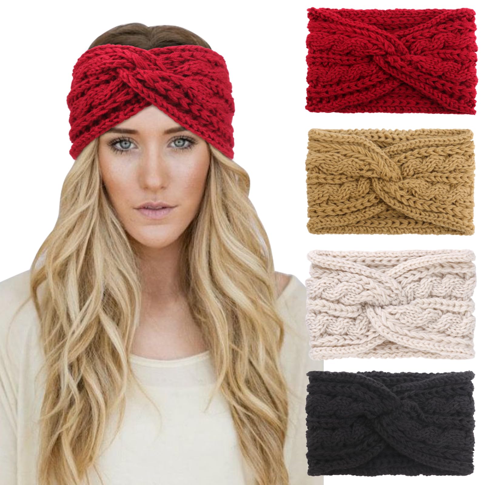 DRESHOW 4 Pack Crochet Knit Wide Turban Headband Warm Bulky Crocheted Head Wrap Headband Ear Warmer for Women
