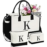 mibasies 1 Embroidered Initial Canvas Tote Bag with 2 Makeup Bags Set, Birthday Gifts for Women