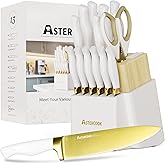 Astercook 15 Pieces Knife Set, Healthy Gold Titanium Coating Kitchen Knife Sets, Full Tang Knives Set with Block and Built-in Sharpener, German Stainless Steel Knife Block Set Dishwasher Safe Gold