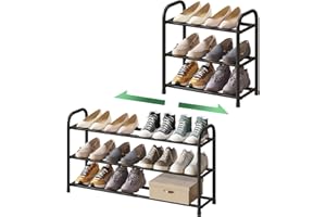 kiplant Shoe Rack for Closet, 3-Tier Expandable Shoe Organizer for Closet, Metal Adjustable Black Shoe Shelf Storage Organizer, Free Standing Shoe Rack for Entryway Closet Doorway