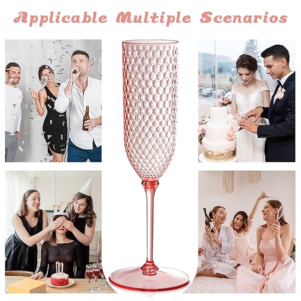 24 PACK PINK DETACHABLE 2 PIECE CHAMPAGNE FLUTES 5.5 OZ UNBREAKABLE PLASTIC MIMOSA DISPOSABLE CHAMPAGNE GLASSES DRINKING CUPS STEMMED REUSABLE WINE TOASTING GLASSES FOR WEDDING (24, CLEAR PINK)
