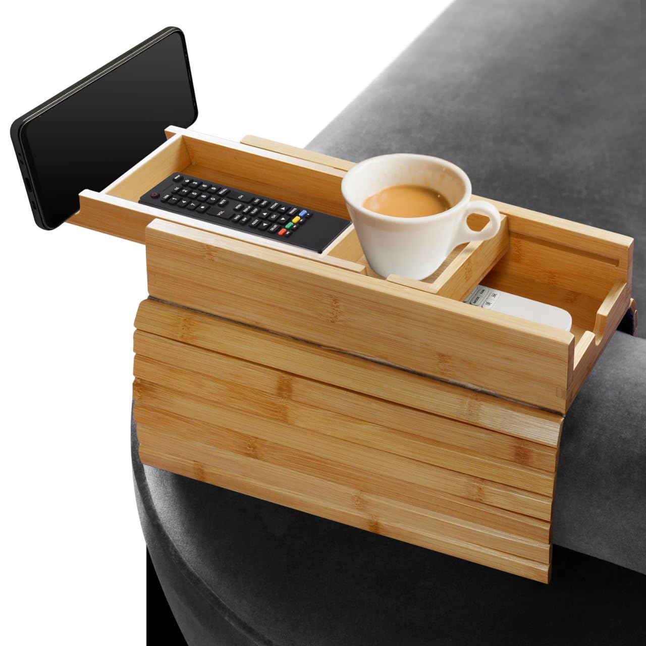 Photo 1 of les doyen Couch Cup Holder Tray, Versatile Bamboo Sofa Armrest Tray with Detachable Drink Holder, Anti-Spill and Foldable Sofa Tray Table for Snacks, Remote, Phone, and Beverages