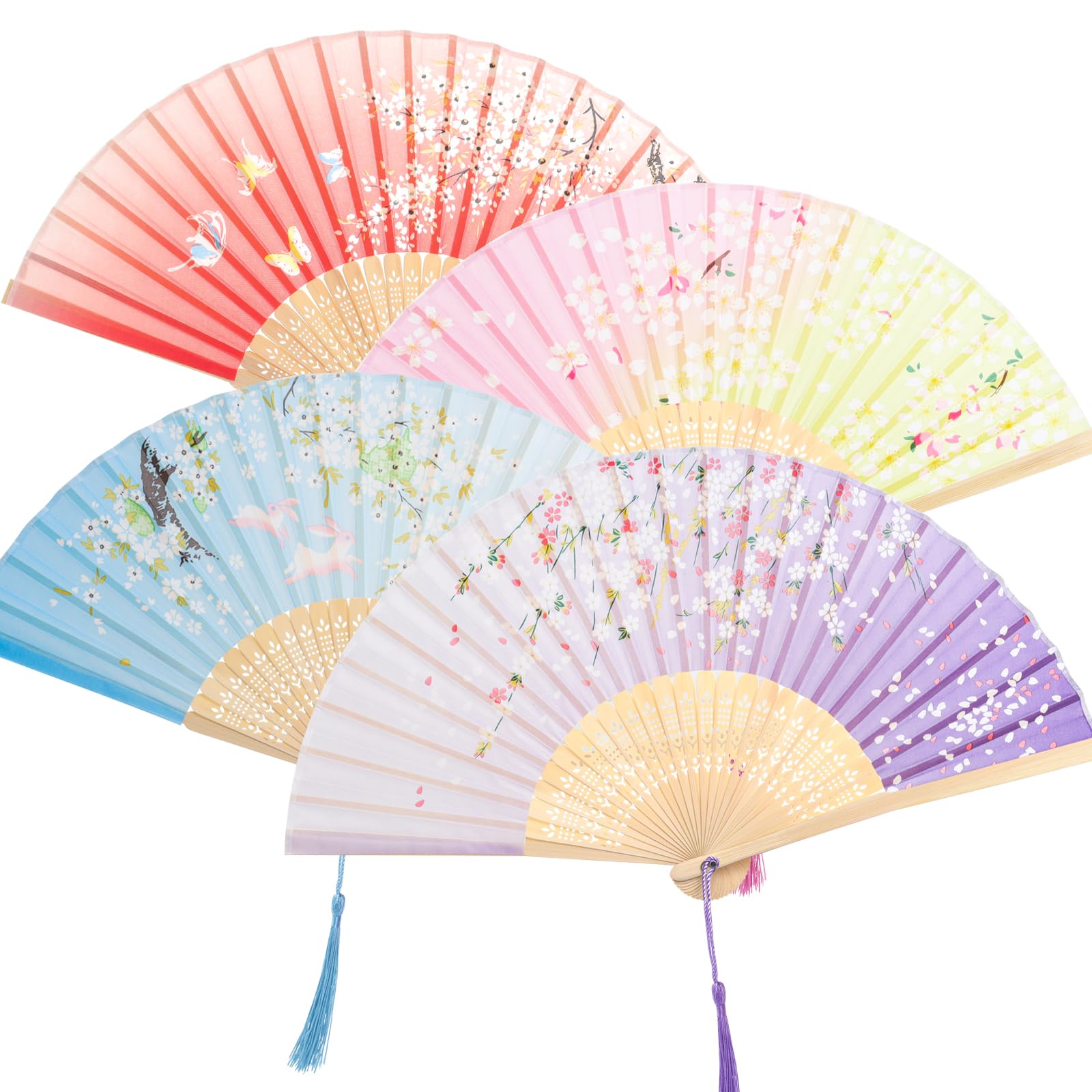 Photo 1 of Fumwase 4 Pcs Handheld Folding Fan Small Chinese Silk with Tassel Floral Manual Fan Handheld Bulk for Women and Men Music Festival Dance Party Decoration