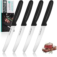 HAUSHOF Steak Knives Set of 4, Sharp Serrated Steak Knives, Premium Stainless Steel Steak Knife Set with Gift Box, Black Hand