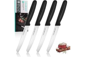 HAUSHOF Steak Knives Set of 4, Sharp Serrated Steak Knives, Premium Stainless Steel Steak Knife Set with Gift Box, Black Hand