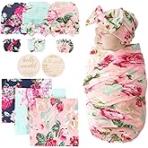 DRESHOW BQUBO Floral Swaddles for Baby Girl Newborn Receiving Blanket with Bow Hat Mittens Wooden Birth Announcement Card Set Baby Floral Print Swaddle Nursery Swaddle Wrap