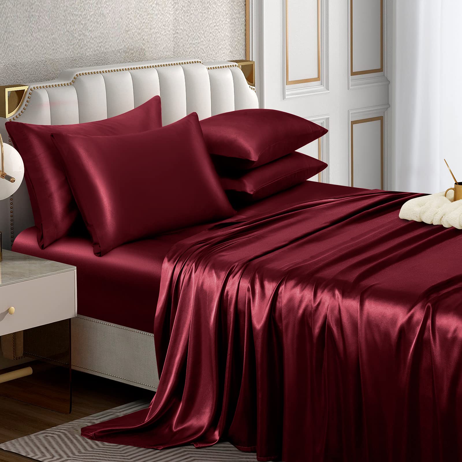 Photo 1 of Horbaunal 6 Piece Satin Sheet Set Queen Size Luxury Silky & Soft Burgundy Satin Queen Bed Sheet Set with 16" Deep Pocket, 1 Fitted Sheet, 1 Flat Sheet, 4 Pillowcases