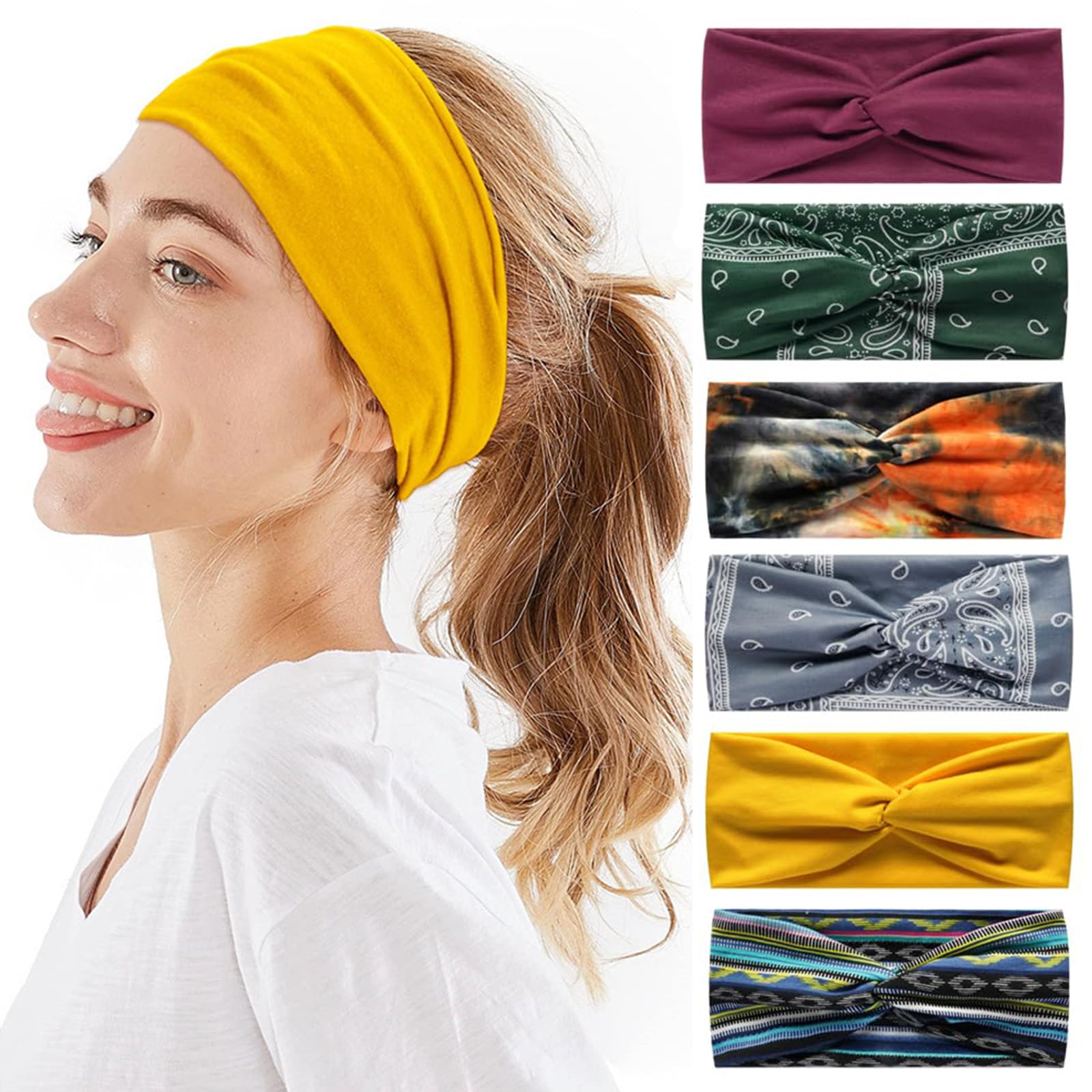 6Pcs Women's Hairband Bandana Accessories for Adults - Boho Elastic Turban Wide Non-Slip Scarf Headbands for Short Hair (Burgundy)
