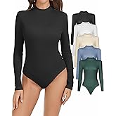 KIYEREE 5 Pack Long Sleeve Body Suits for Women Turtleneck Mock Neck Bodysuits Basic Ribbed Bodysuit Tops