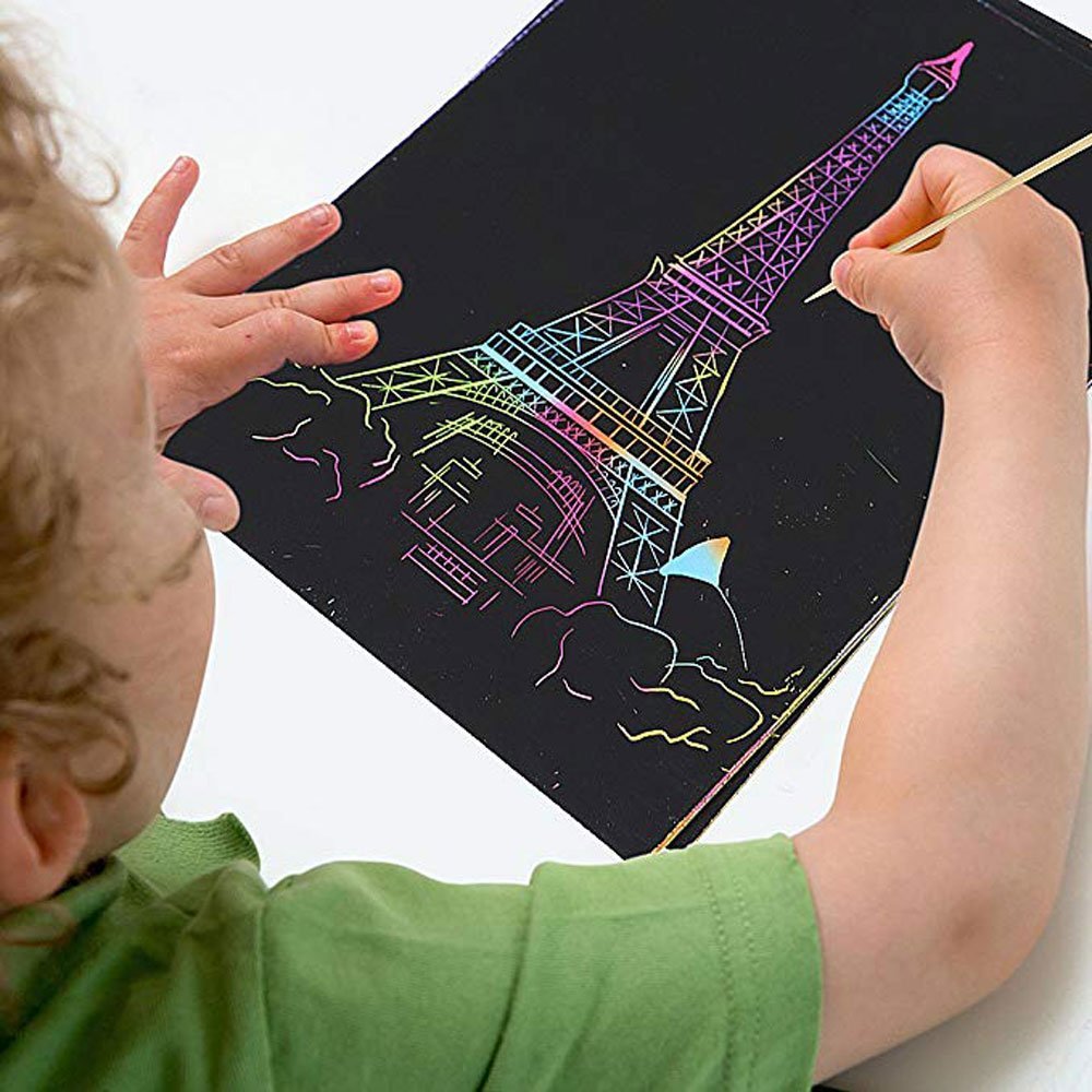 Scratch Art Rainbow, Scratch and Sketch Art Papers Magic Painting Papers with Wooden Stylus & Rulers Stylus Makes Art Fun for Kids, 62 PCS