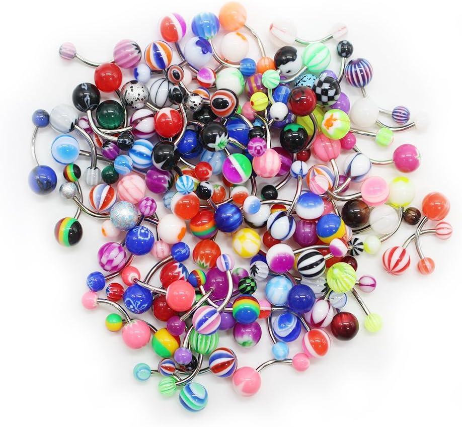 SHINEstyle 100 Pcs 14G Mixed Belly Button Navel Rings Barbells Body Piercing