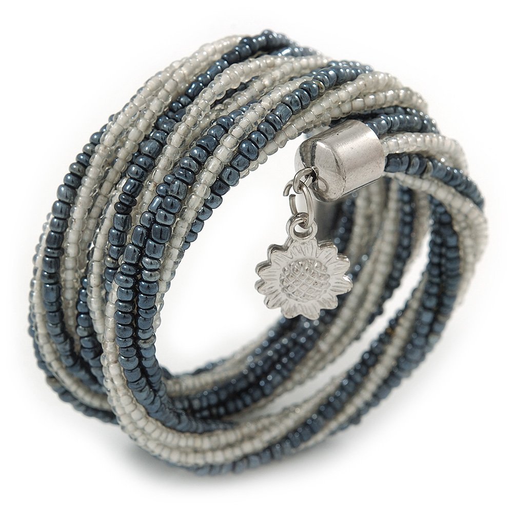 Avalaya Teen/Children/Kids Hematite/Transparent White Glass Bead Multistrand Bracelet - 15cm L