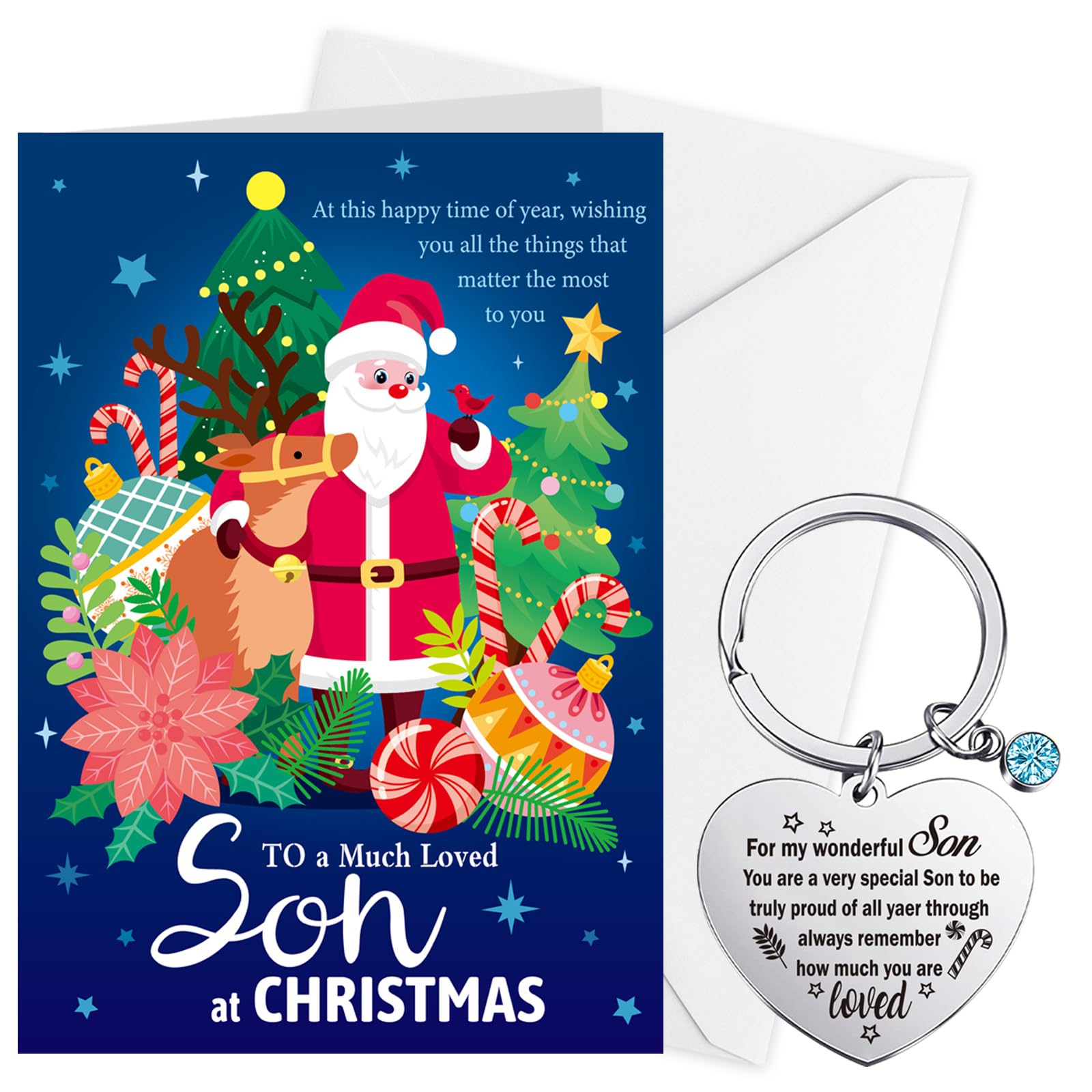 DPKOW Son Xmas Card, Christmas Cards for Son - Keyring Gifts from Mum & Dad