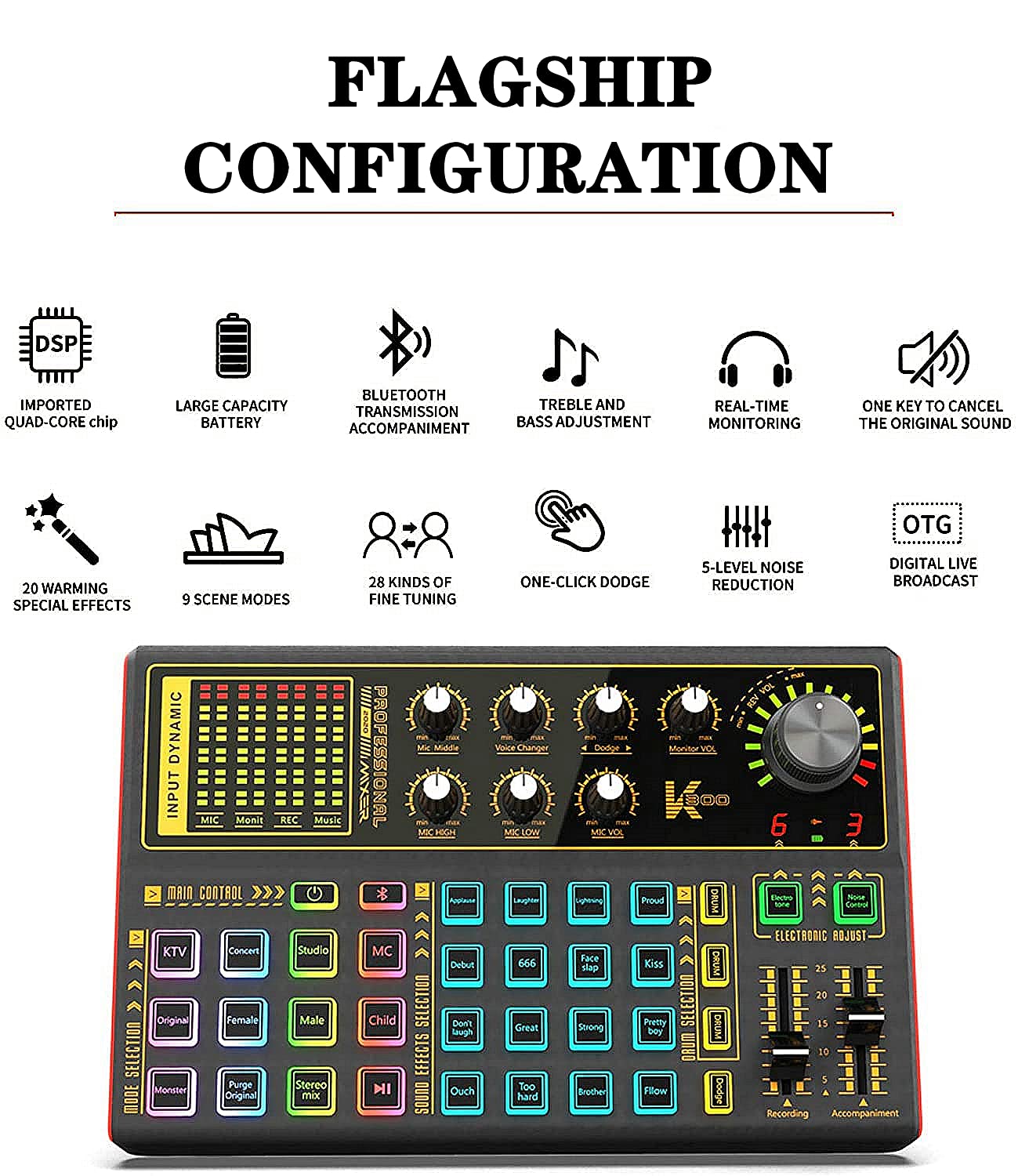 K300 Podcast Equipment Bundle, With Podcast Condenser Microphone, Voice Changer Sound Card with Multiple Sound Effects and LED Light, Prefect for Streaming/Podcasting/Gaming/Recording/YouTube/PC