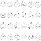 SUNNYCLUE 1 Box 24Pcs 12 Constellation Zodiac Signs Charms Flat Round Stainless Steel Charms for DIY Making Bracelets Necklaces Earrings Accessories 0.5x0.4inch, Hole: 1.5mm