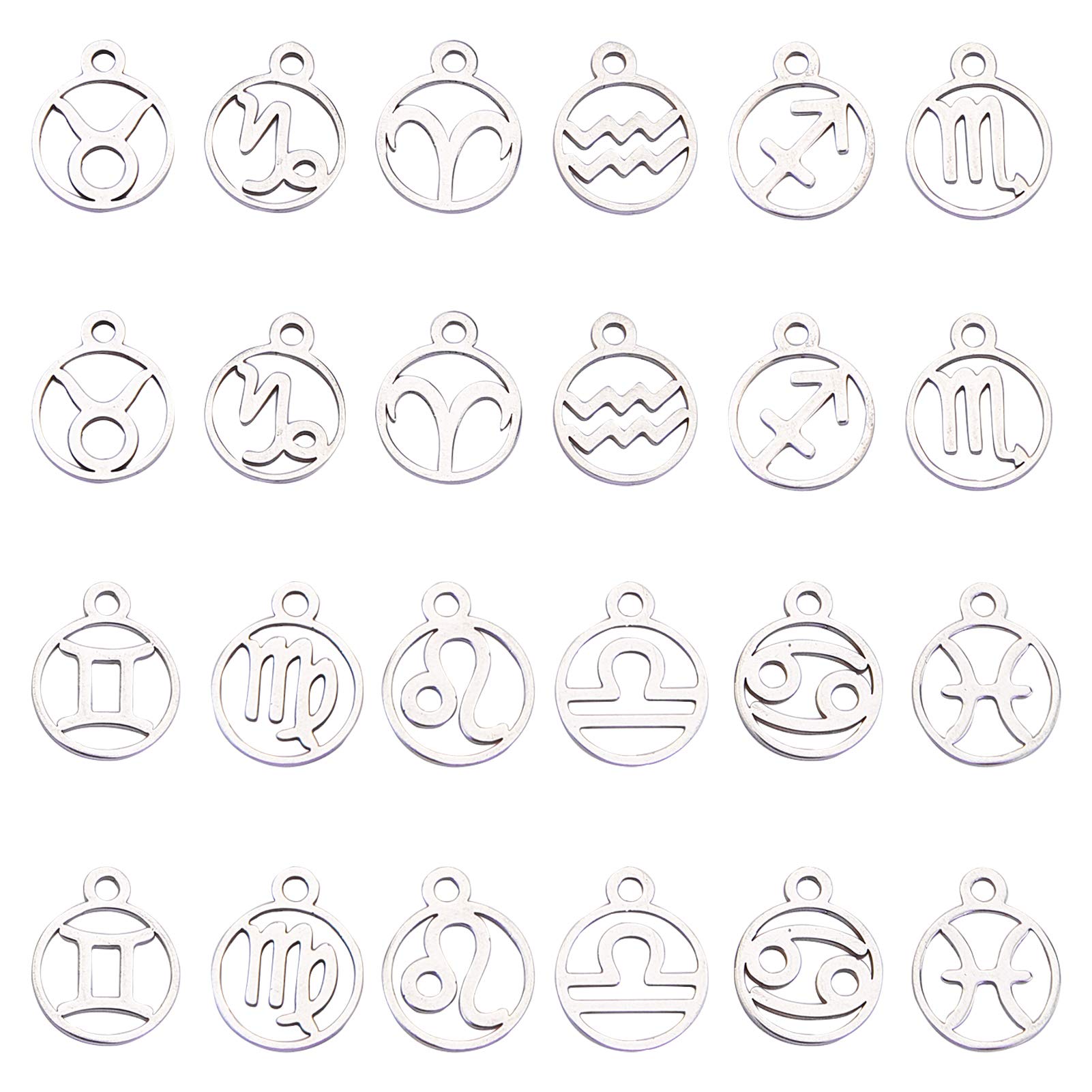 SUNNYCLUE 1 Box 24Pcs Stainless Steel Flat Round 12 Constellation Zodiac Signs Charms 316L Stainless Steel Charms for Making Bracelets Necklaces Earrings Handmade Accessories 13.4x10.8x1mm Hole: 1.5mm