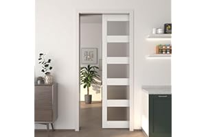 JUBEST Pocket Door 36"x80", 5-Panel Tempered Frosted Glass Sliding Pocket Door with Soft Close Pocket Door Frame Kit, Sturdy Solid Wood & MDF with Water-Proof PVC Surface, Assembly Needed, White