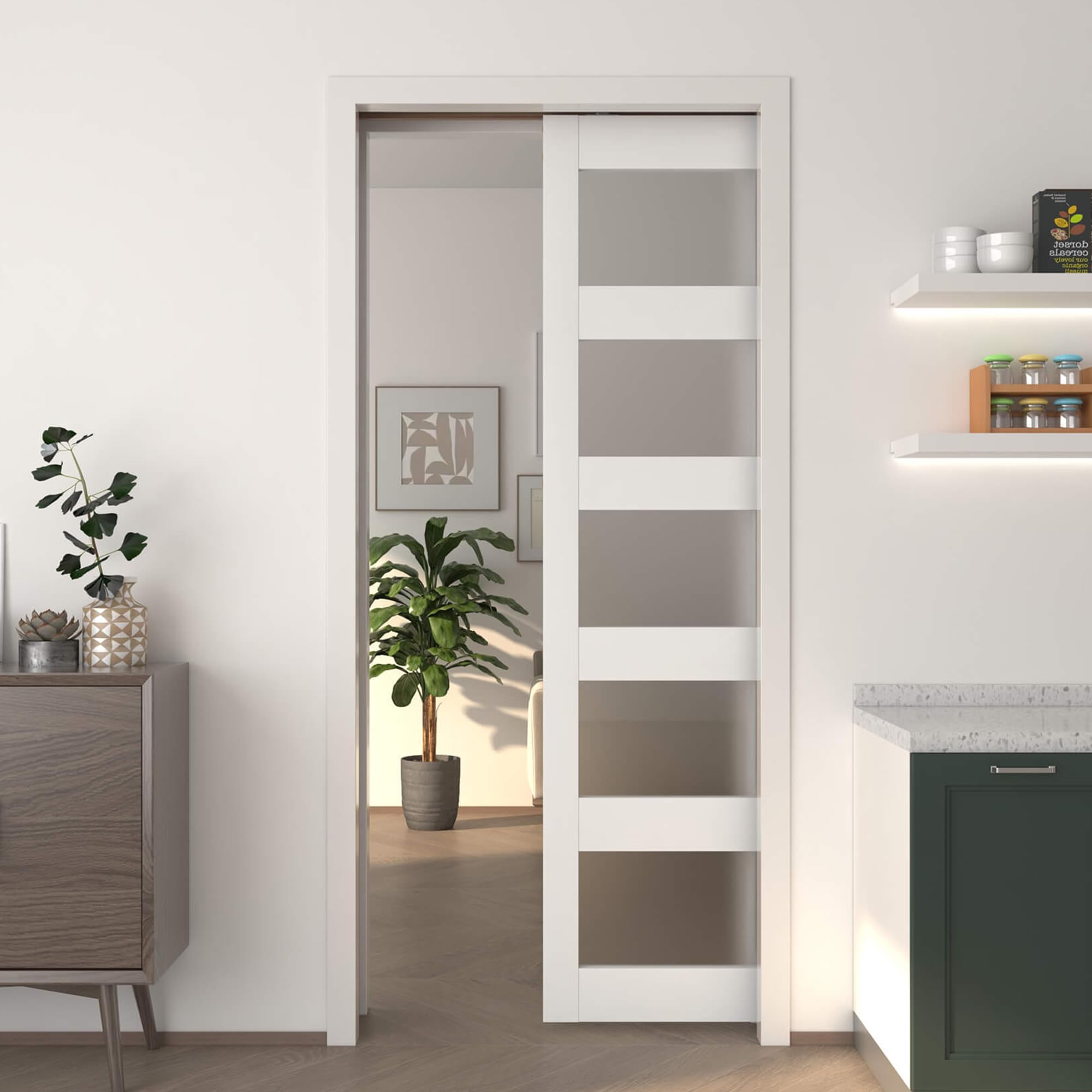 Photo 1 of JUBEST Pocket Door 36"x80", 5-Panel Tempered Frosted Glass Sliding Pocket Door with Soft Close Pocket Door Frame Kit, Sturdy Solid Wood & MDF with Water-Proof PVC Surface, Assembly Needed, White