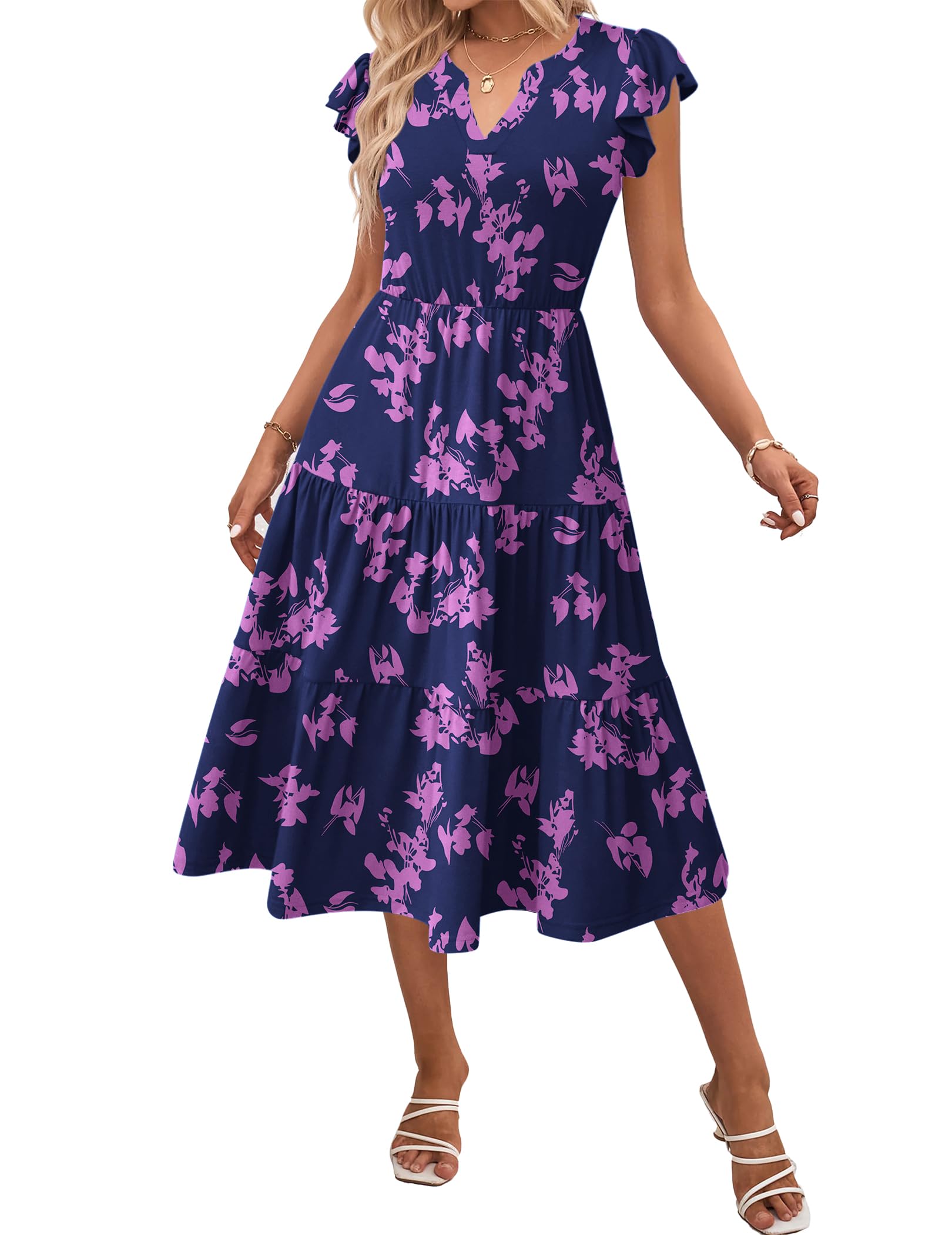 V-neck floral tiered midi dress