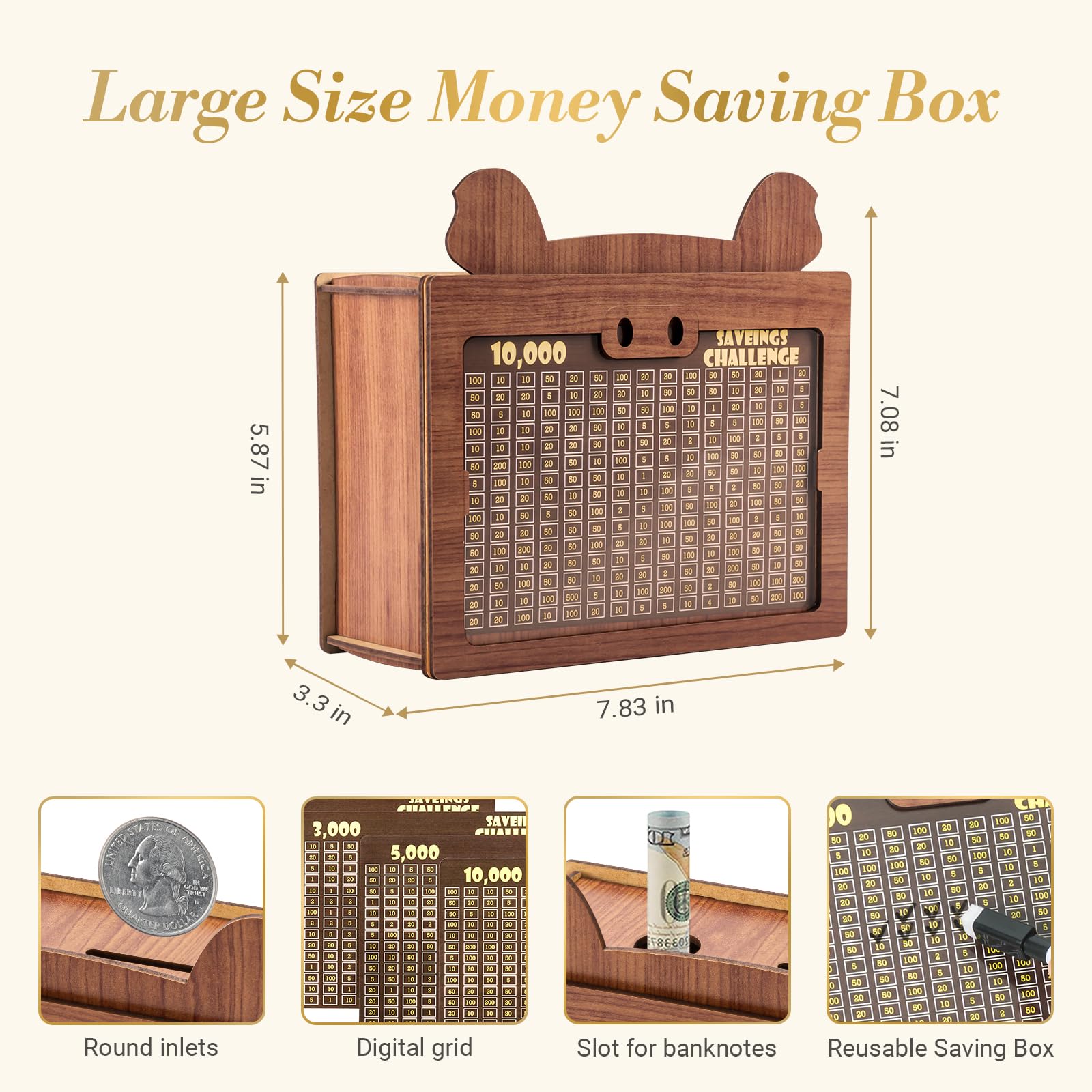 Marycele Money Saving Box, 10000 Wooden Piggy Bank for Adults Kids, Coin Cash Box Gifts Toys for Ages 8-13, Reusable Kakaibo Money Box for Kids Birthday Gifts Boys Girls Adults Challenge （5 Amounts）