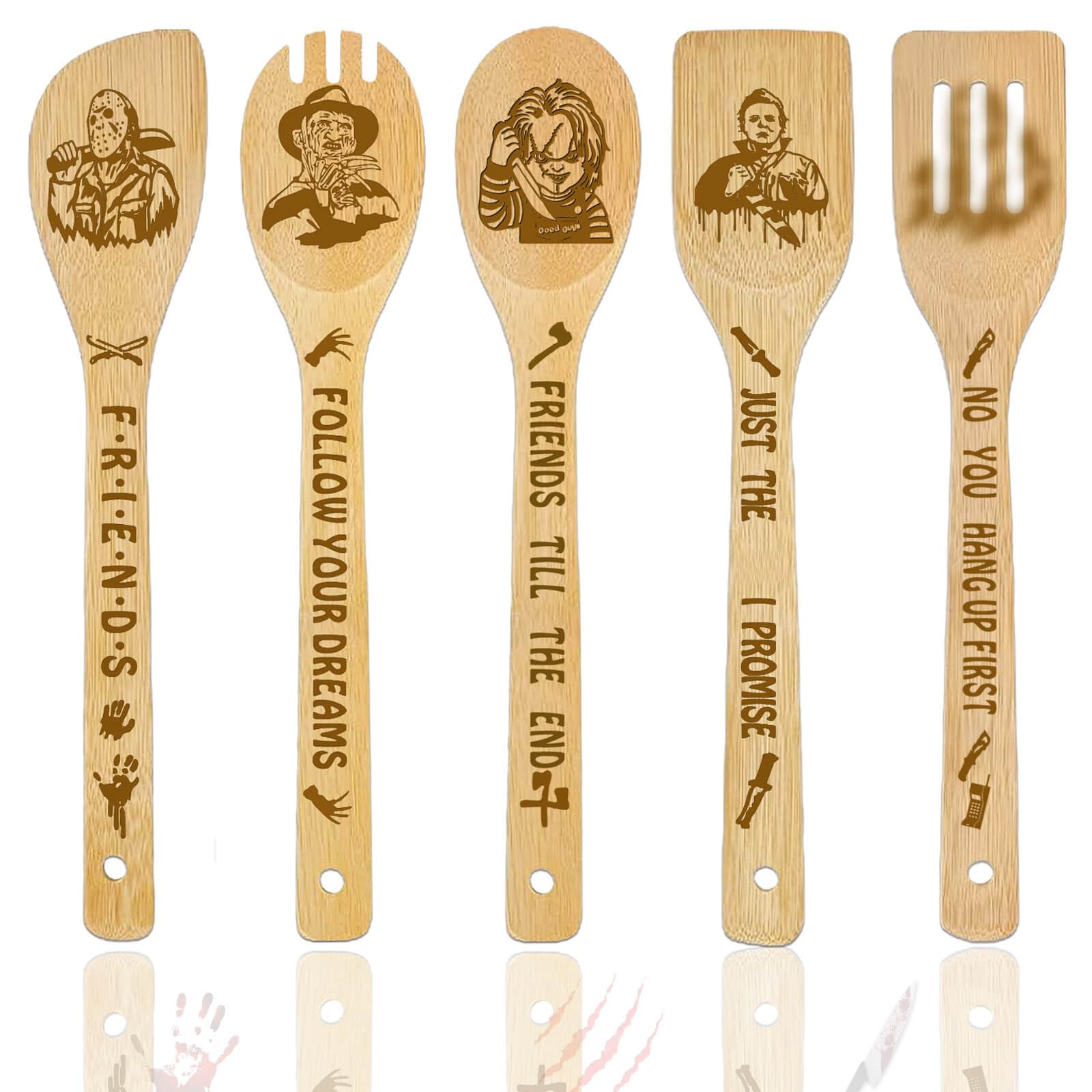 Horror Movie Merchandise Christmas Gifts Wooden Spoons for Cooking, Bamboo Kitchen Set 5 Pack for Movie Fans Lover Women Mom Kitchens Accessories Holiday Decor Party Halloween Decorations