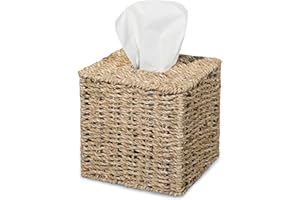 PINXIURY Seagrass Handwoven Wicker Tissue Box Cover, Natural Handmade Napkin Box Holder, Handcrafted Square Facial Tissue Holder for Bathroom, Rustic Decorative on Table and Bathroom,Boho Decorative