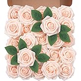 BLISOUL Artificial Flowers Foam Fake Roses 25pcs Champagne Roses with Stems for Home Decor DIY Wedding Bouquets Party Bridal Shower Centerpieces Faux Flower Arrangements Tables Decorations