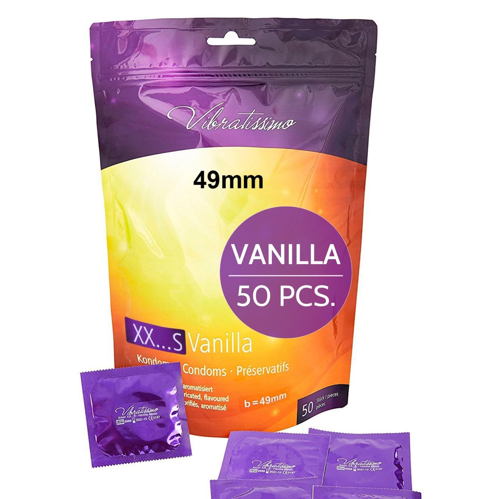 VIBRATISSIMO XXS Vanilla Condoms 50-Pack - Premium with Aroma for Men, Thin Wall Thickness & Aromatized, Vanilla Flavored - w=49 mm