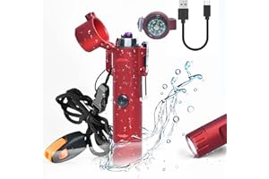 Bistfy Electric Lighter with Flashlight, Dual Arc USB Rechargeable Waterproof and Windproof Flameless Plasma Lighter with Emergency Compass, Whistle and Lanyard for Camping Hiking Survival Gear