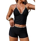 ZAFUL Women’s Tankini Swimsuits V Neck Halter Top with Boyshorts Bottom Tummy Control Two Piece Bathing Suit