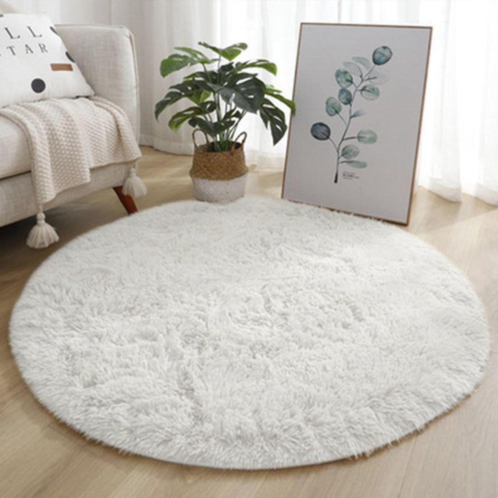 Fychuo Round Cream Rug - 120x120cm, 47x47in, Soft Fluffy Faux Fur, 4cm Pile, Anti-Slip