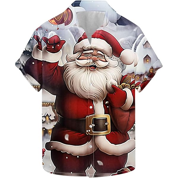 Men's Holiday Hawaiian Shirts - Halloween Christmas Santa Print Button Down Party Shirts