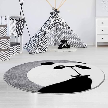 carpet city Kinderteppich Hochwertig mit Panda-Bär in Grau mit Konturenschnitt, Glanzgarn für Kinderzimmer Größe 120/120 cm R