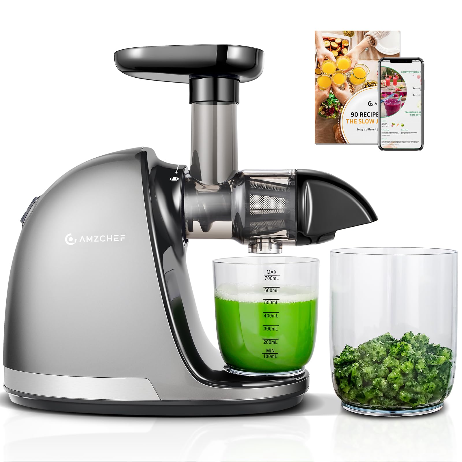 AMZCHEF Juicer Machines - Cold Press Slow Juicer - Masticating Juicer for Whole Fruits and Vegetables - Delicate Chew No Need to Filter - BPA Free Juice Extractor with 2 Cups and Brush - Grey