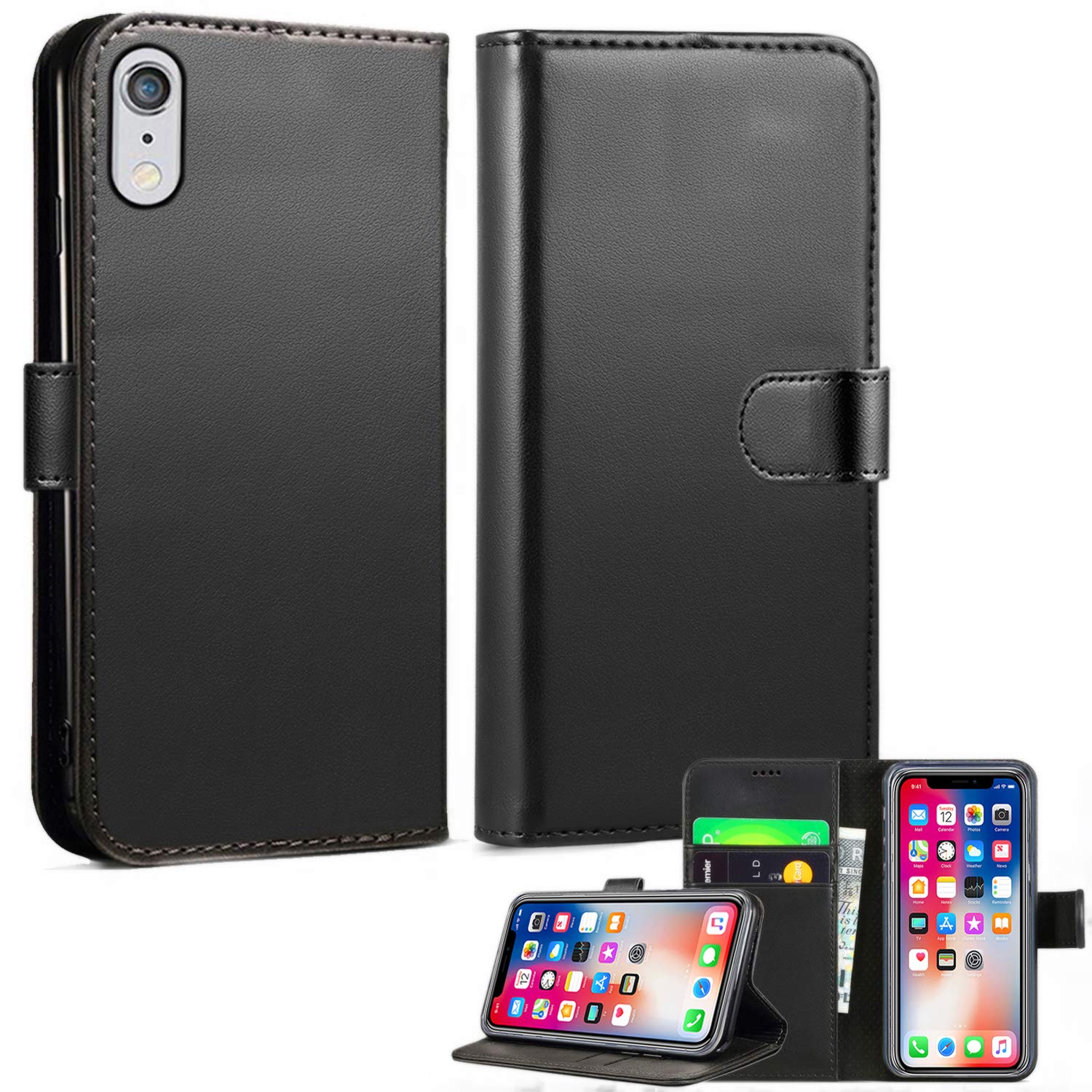 iPhone XR Leather Wallet Case - Folio Flip Book Cover with Magnetic Clasp Closure - Adjustable Viewing Stand (iPhone XR, Black)