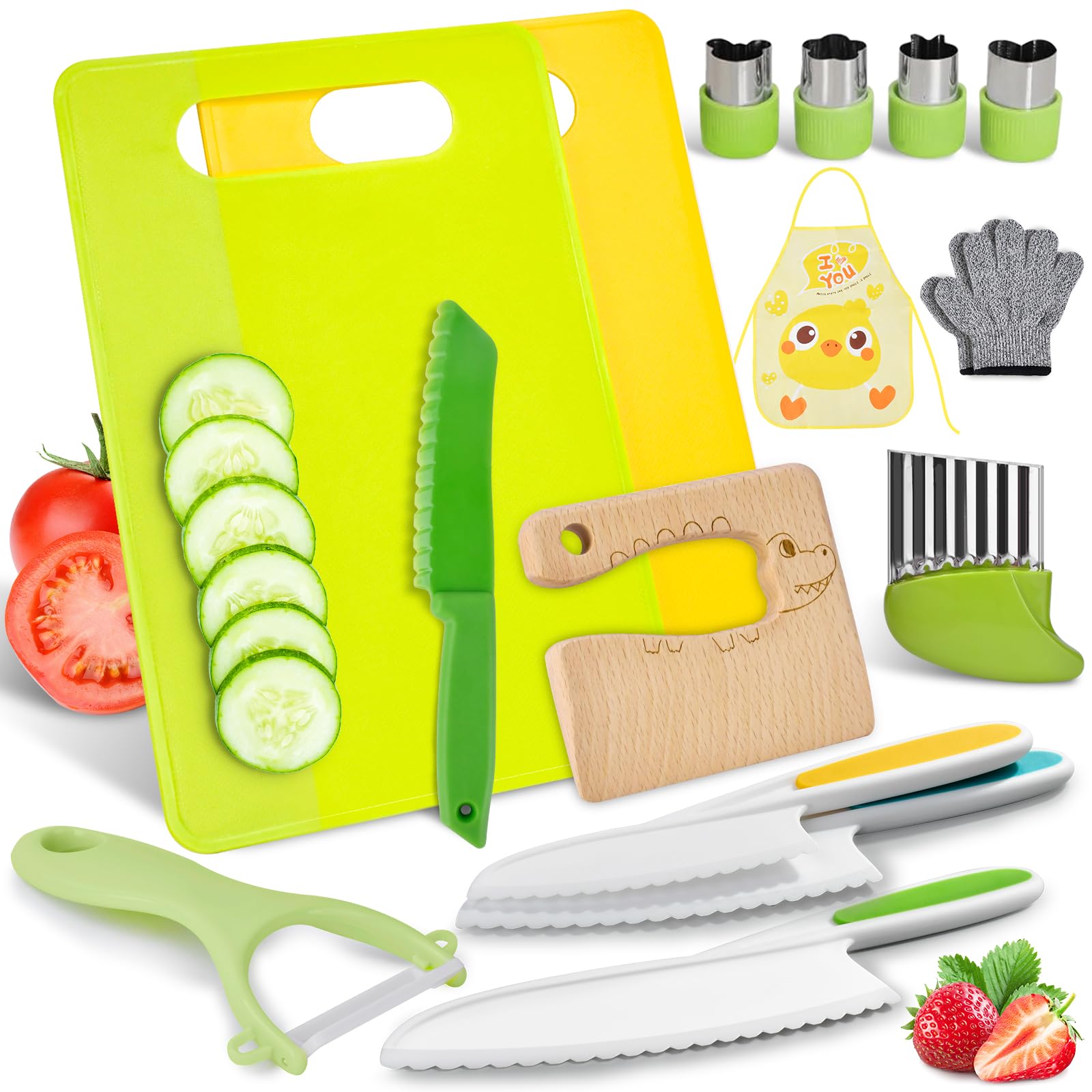 COVLUROTO 15PCS Montessori Kitchen Toys for Toddlers: Stocking Stuffers for Kids - Kids Safe Cooking Sets Real Knife Set for Real Cooking - Easter Basket Stuffers Christmas Birthday Gifts for Boy Girl