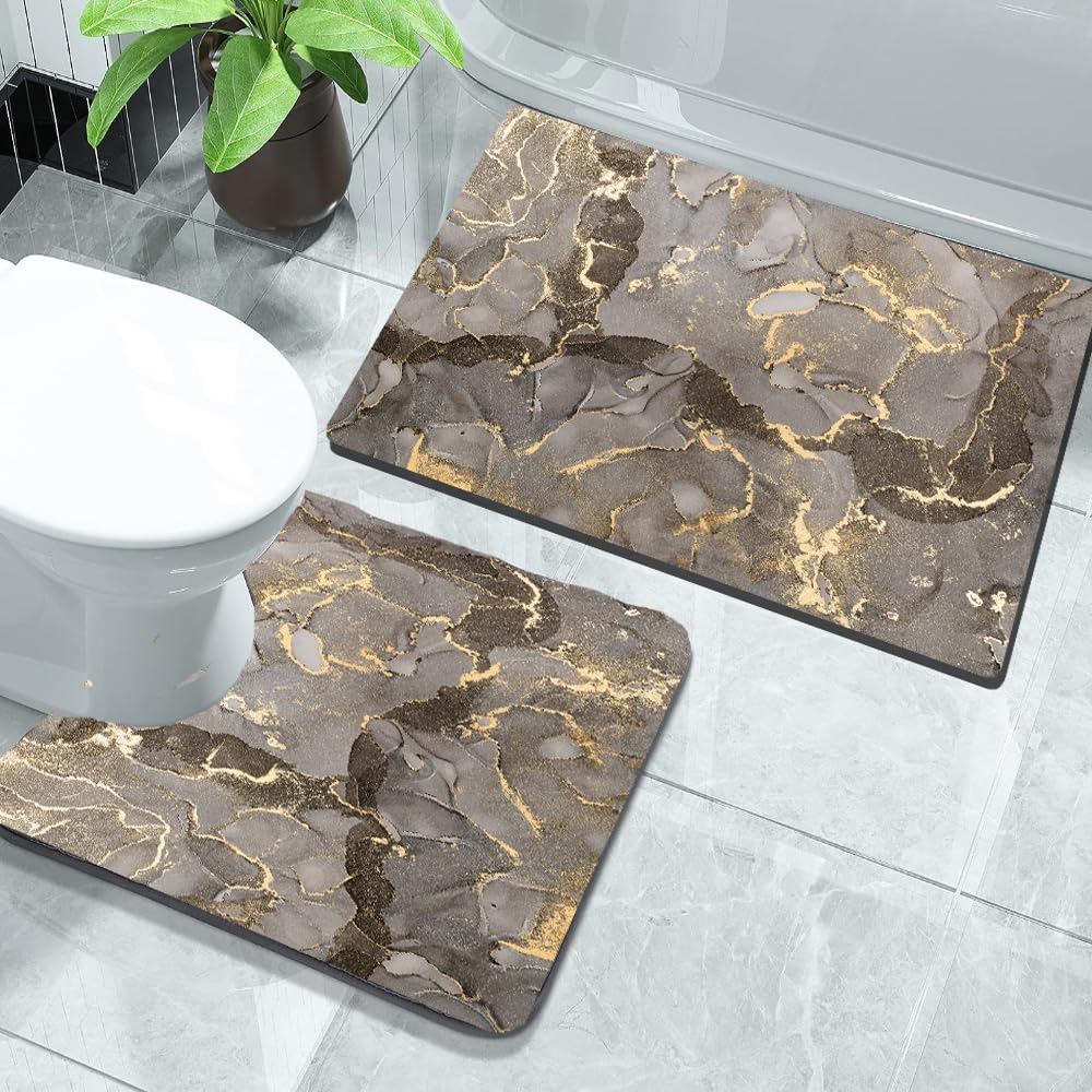 Gray bathroom Mats 2 Piece Sets Non-slip bath mats, absorbent bathroom mat with quick water absorption and rubber backing, door mat Gray marble floor mat washable shower mat +Toilet contour mat