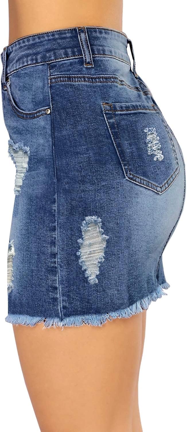 luvamia Women's Casual Mid Waisted Washed Frayed Pockets Denim Jean Short Skirt: Clothing