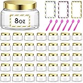 AMORIX 36 Pack Gold 8 oz Plastic Cosmetic Containers With Lids for Travel | Refillable Clear Empty Travel Jars, For Body Butter, Sugar Scrubs, Cream, Lotions, Candy, With Waterproof Label &amp; Spatulas