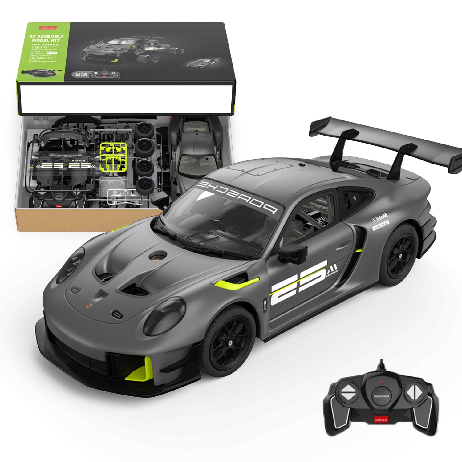 Photo 1 of 1:18 Model RC Car Building Kit for Porsche 911 GT2 RS Clubsport 25, 2.4GHz Remote Control Car with 76 PCS, Openable Door, Headlight, Electric Sport Racing Hobby Vehicle Gift for Adult, Kid, Boy - Grey