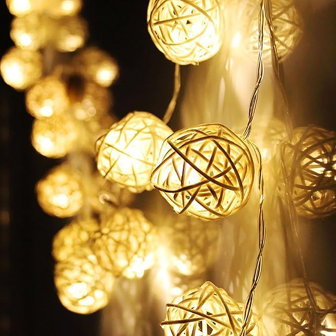 Ascension 16 LEDs 3 Meter Globe Rattan Ball Led String Lights, (Warm White) (Set of 1)