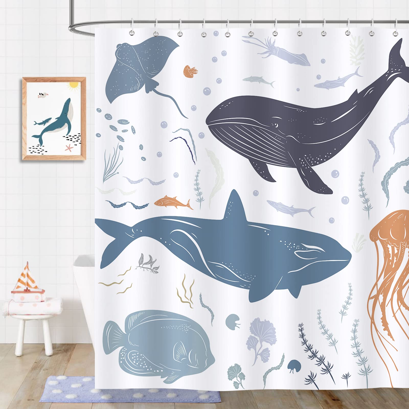 Bonhause Whale Fish Shower Curtain 180 x 180 cm Kids Ocean Animal Bathroom Curtain Waterproof Mildew & Mould Resistant Polyester Fabric Bath Curtain with 12 Hooks