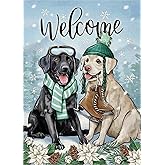 Covido Welcome Winter Black White Labrador Dog Decorative Garden Flag, Christmas Pet Poinsettia Yard Decorations Dog Lover Gifts, Snow Seasonal Burlap Outdoor Small Home Decor Double Sided 12 x 18